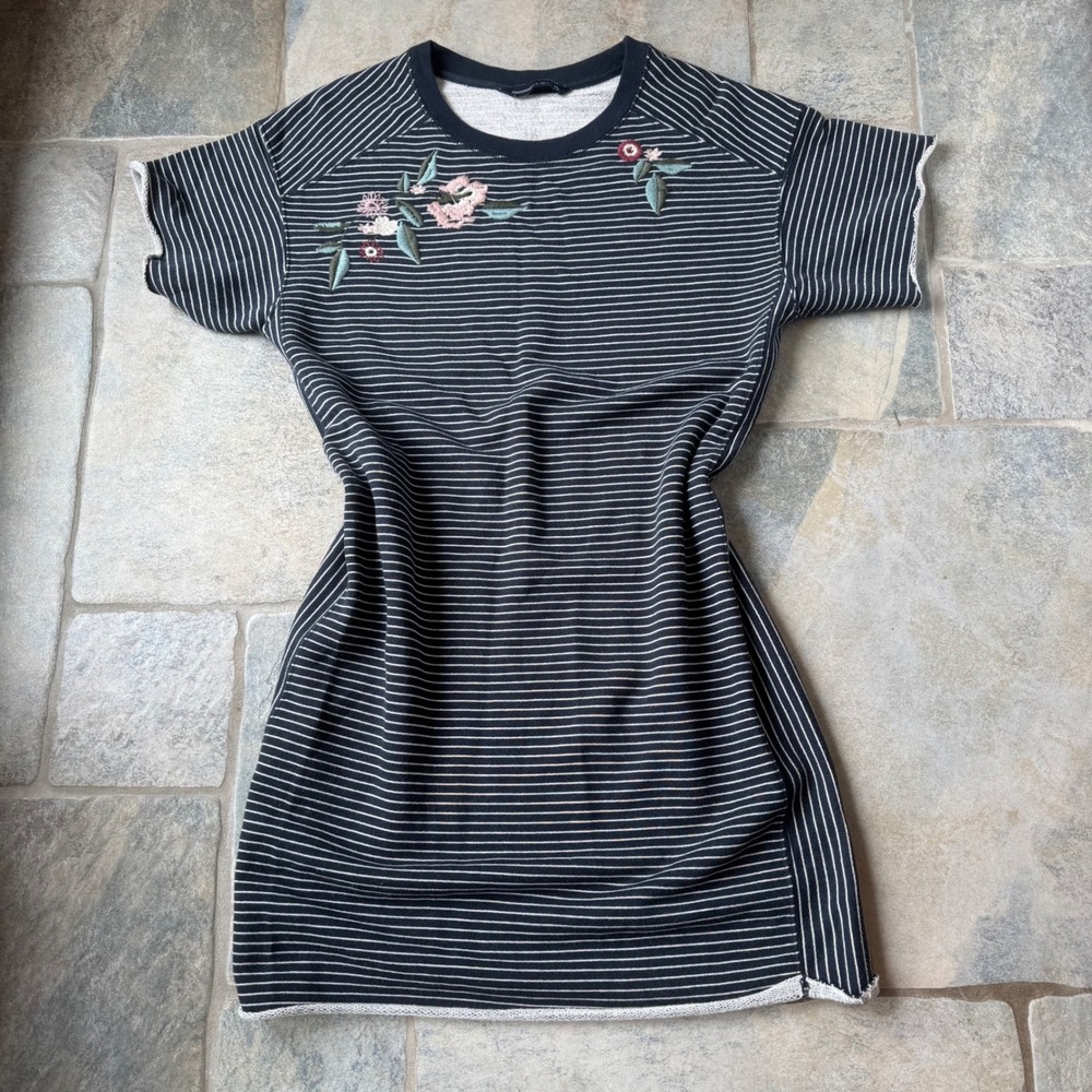 Y2K Abercrombie Striped Floral T-Shirt Dress‎ Sz M Navy White Embroidered